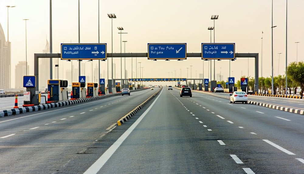 Dubai highway with toll gates and modern vehicles