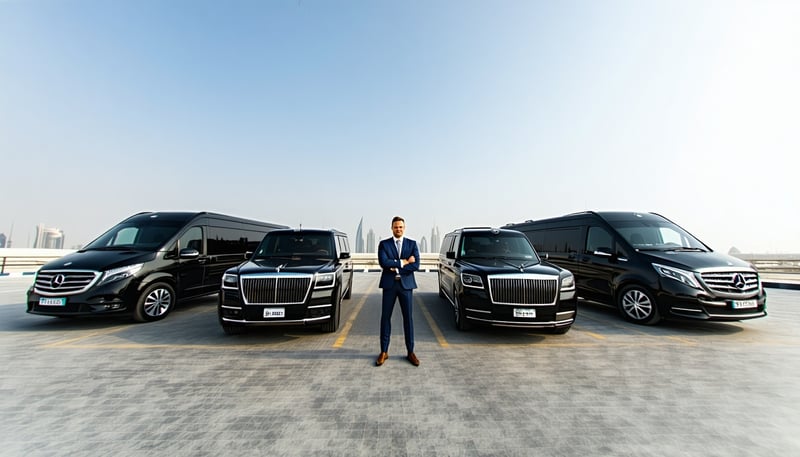 Luxury transport vehicles and professional drivers representing Toll Way Travel in Dubai